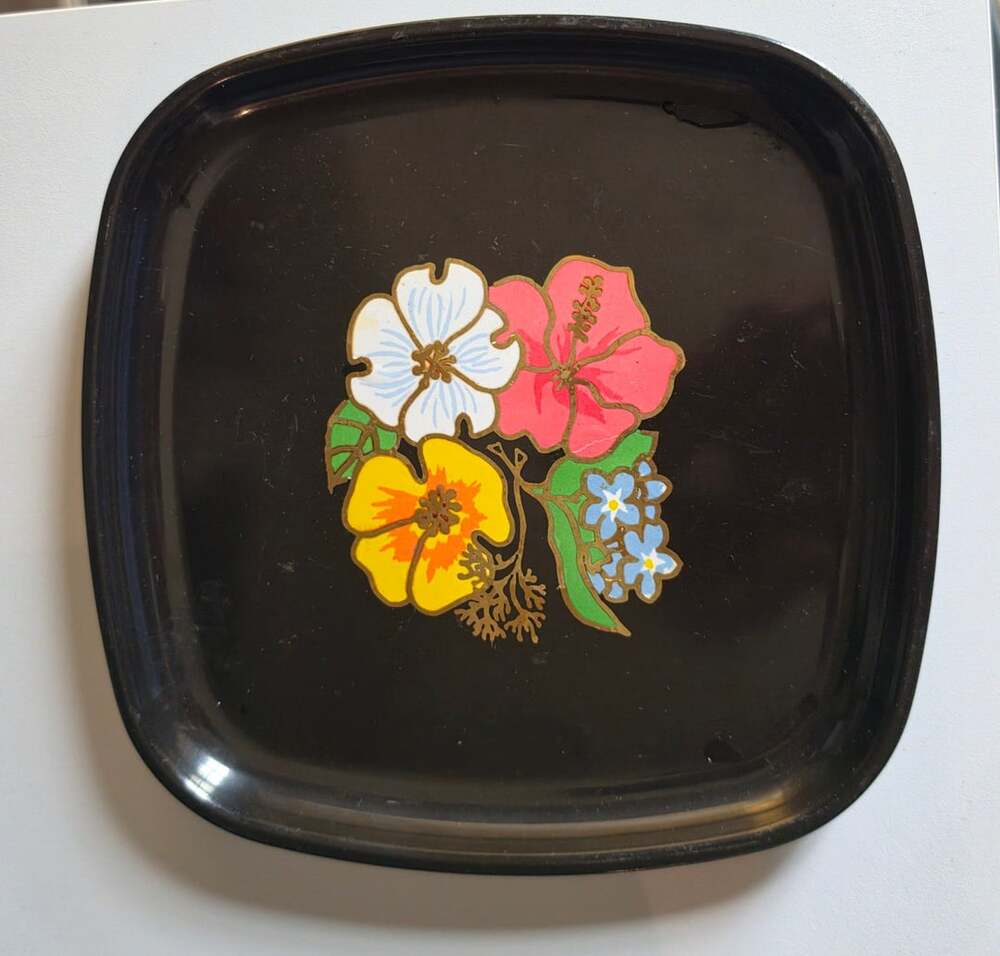 Couroc Of Monterey Floral Inlaid Tray Black Hawaiian Hibiscus Flowers